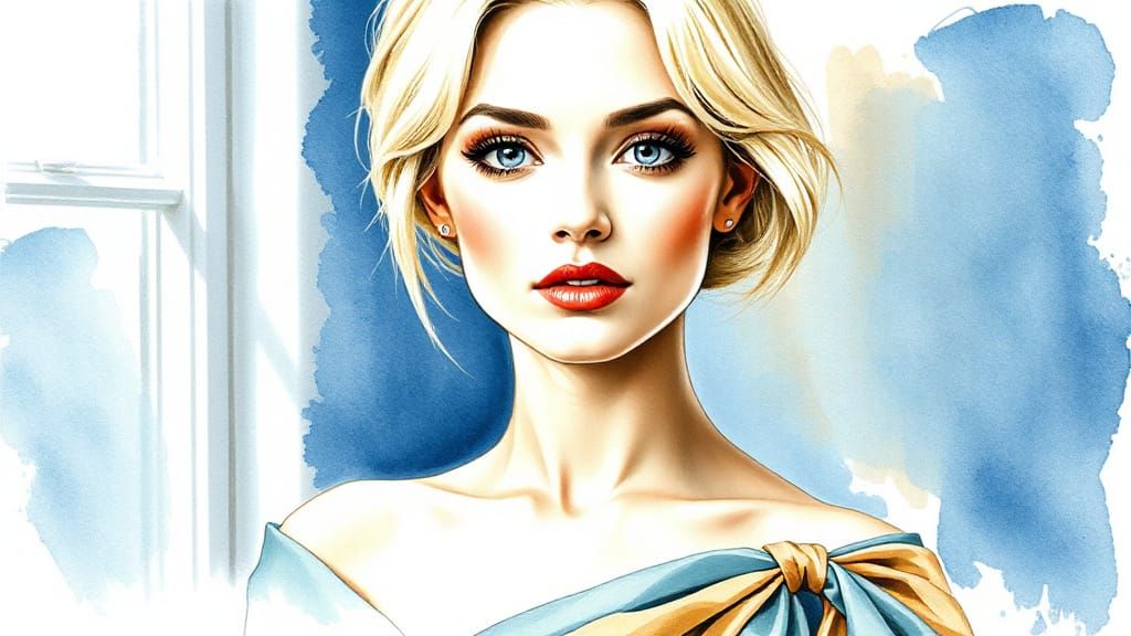 Elegant Woman Portrait in Ink and Watercolour Wash