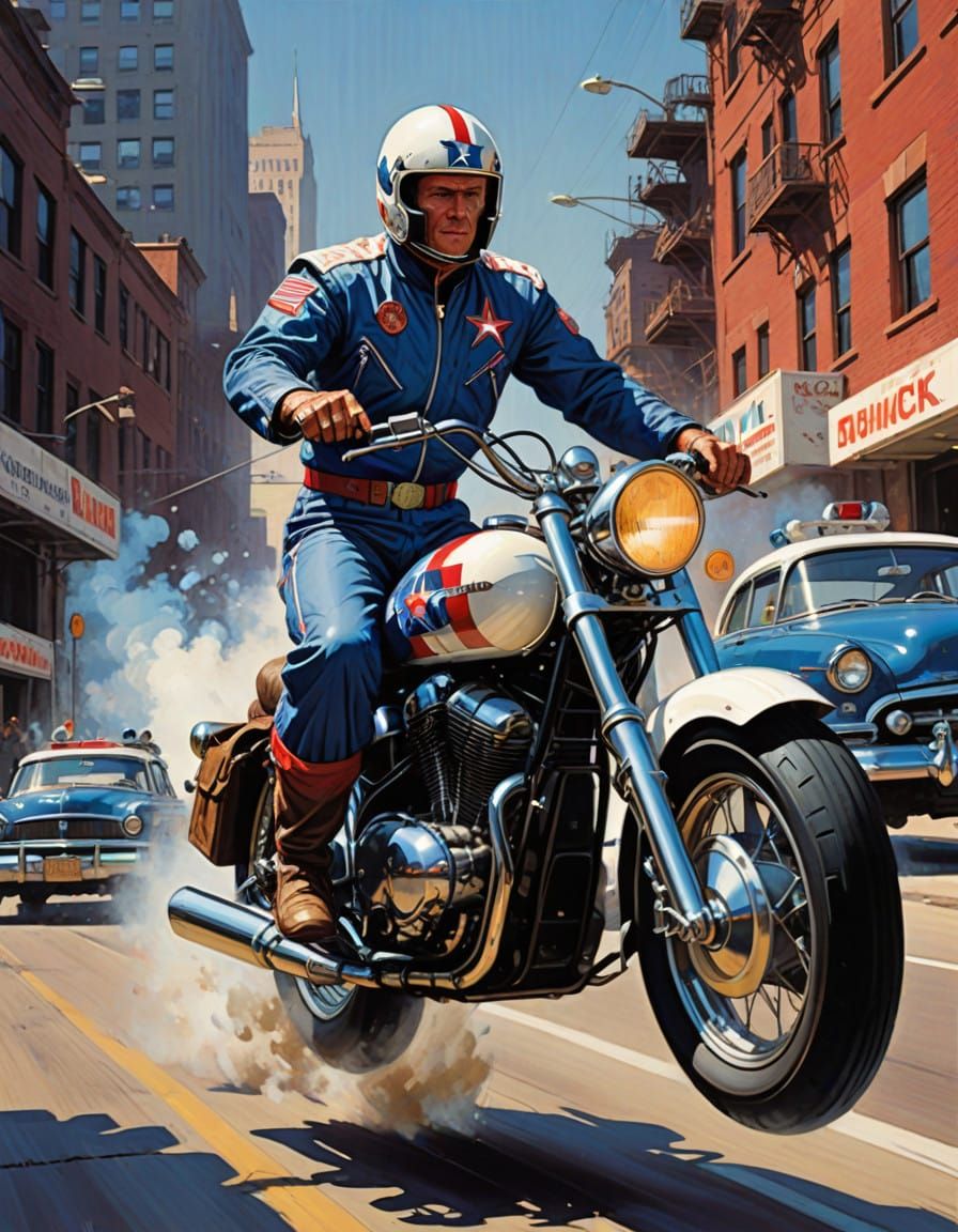 Daring Evel Knievel Leaps Vintage Police Car in Classic Men'...