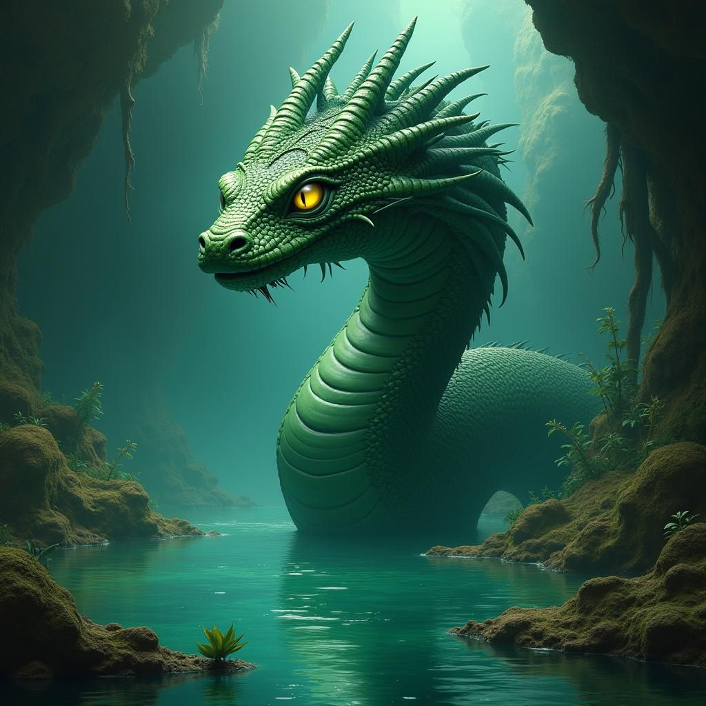 Emerald Serpent Emerges from Bioluminescent Lake
