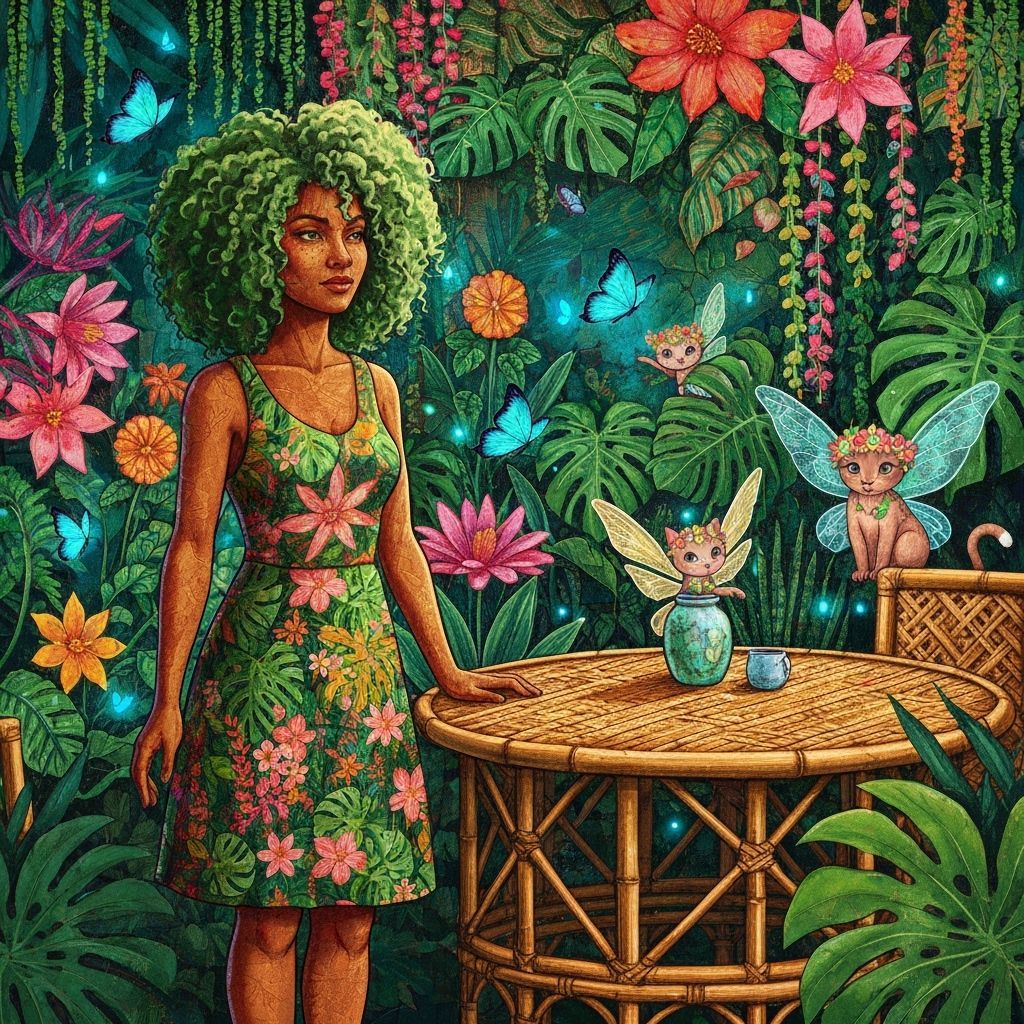 Jungle Cafe with Moss-Haired Woman and Cat Fairies