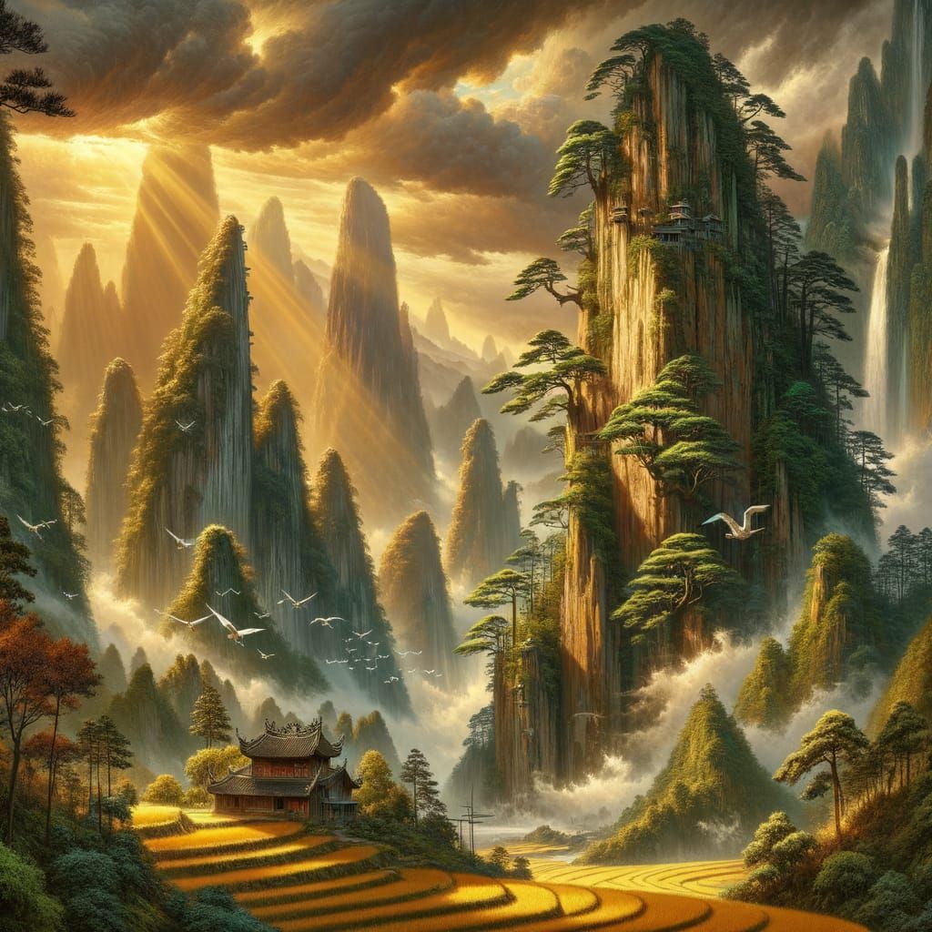 Epic Feng Shui Landscape in Vibrant, Detailed Matte Painting...