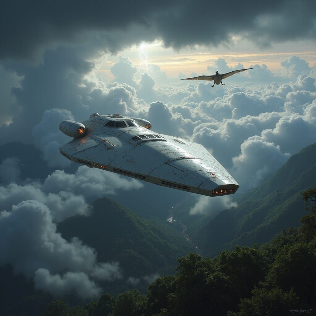 Sleek Starship soars over Vast Jungle Continent amidst Turbu...