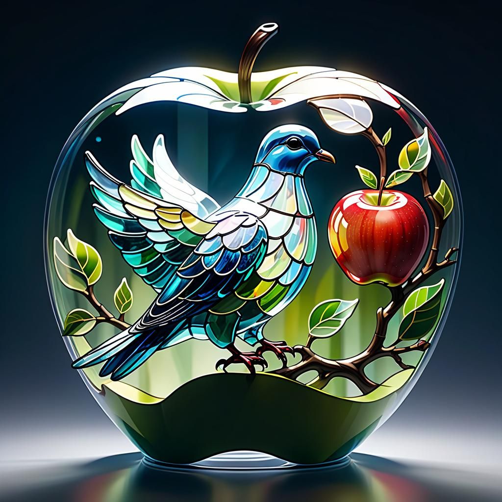 Stained-Glass Dove in Apple, Flat Illustration
