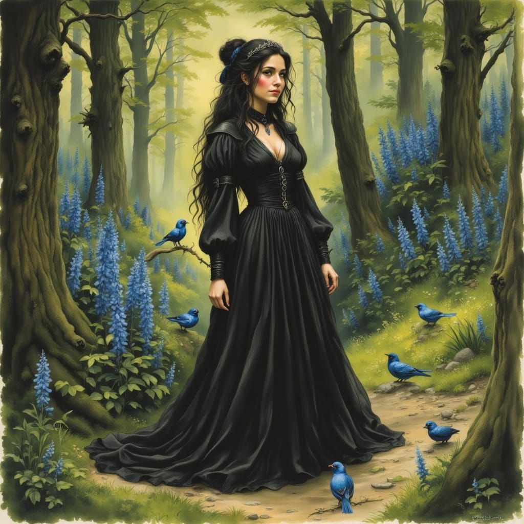 Snow White in Forest with Deer, Arthur Rackham Style