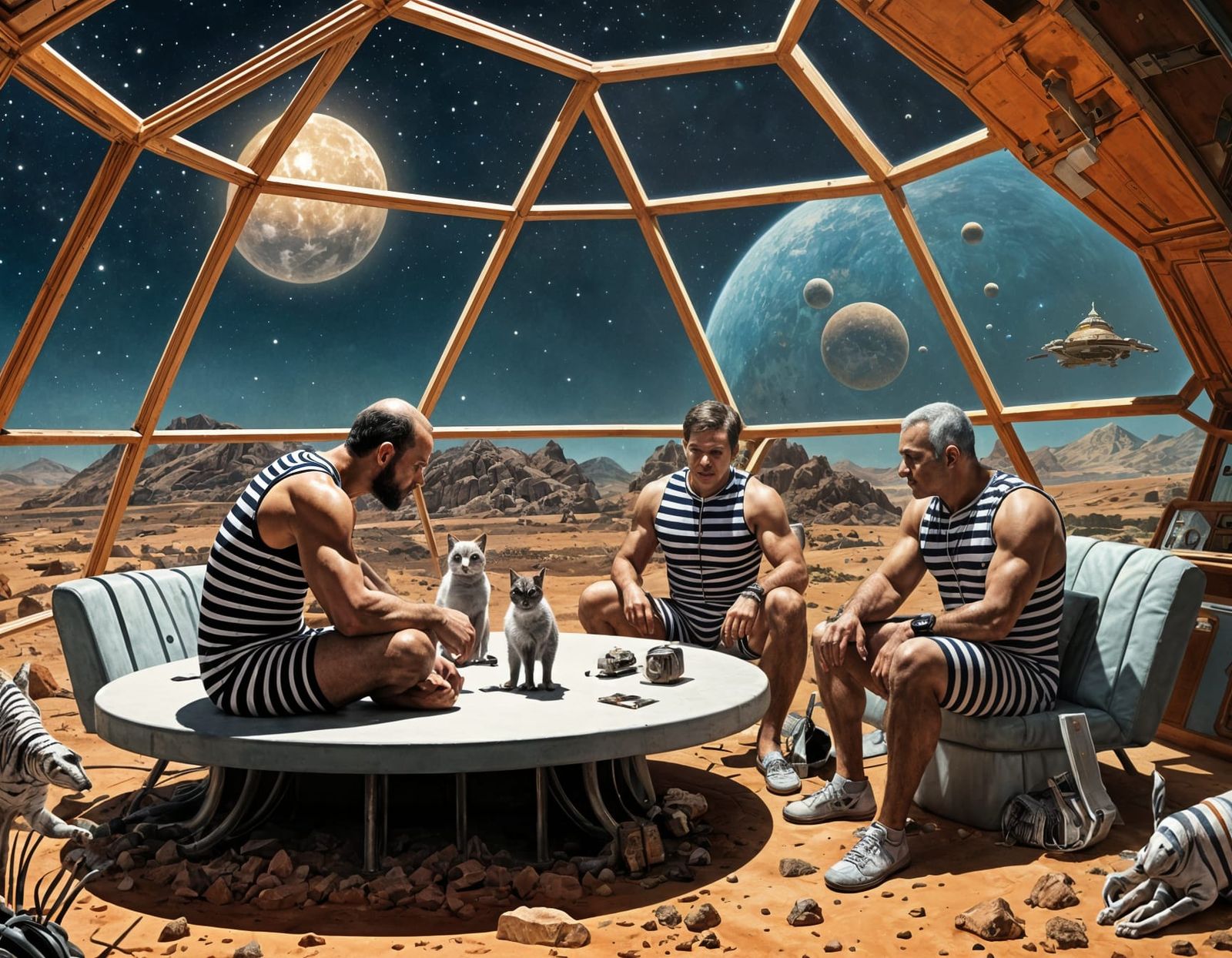 Men Tend Cats in Mars Dome: Sci-Fi Art