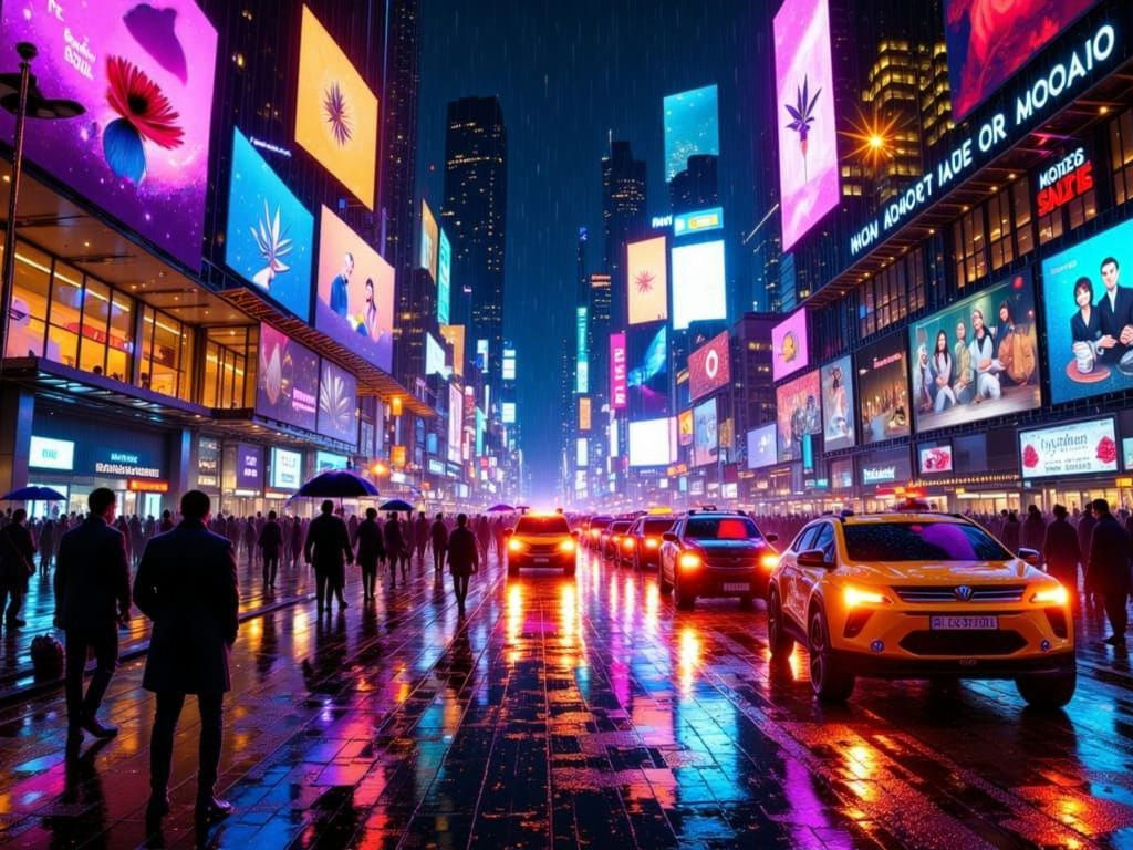 Vibrant Cityscape at Night in Digital Shimmer Style