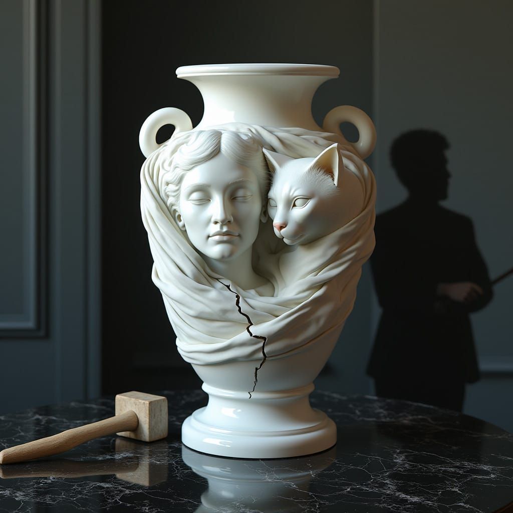 Dual-Faced Vase in White Marble with Gauze and Feline Detail...
