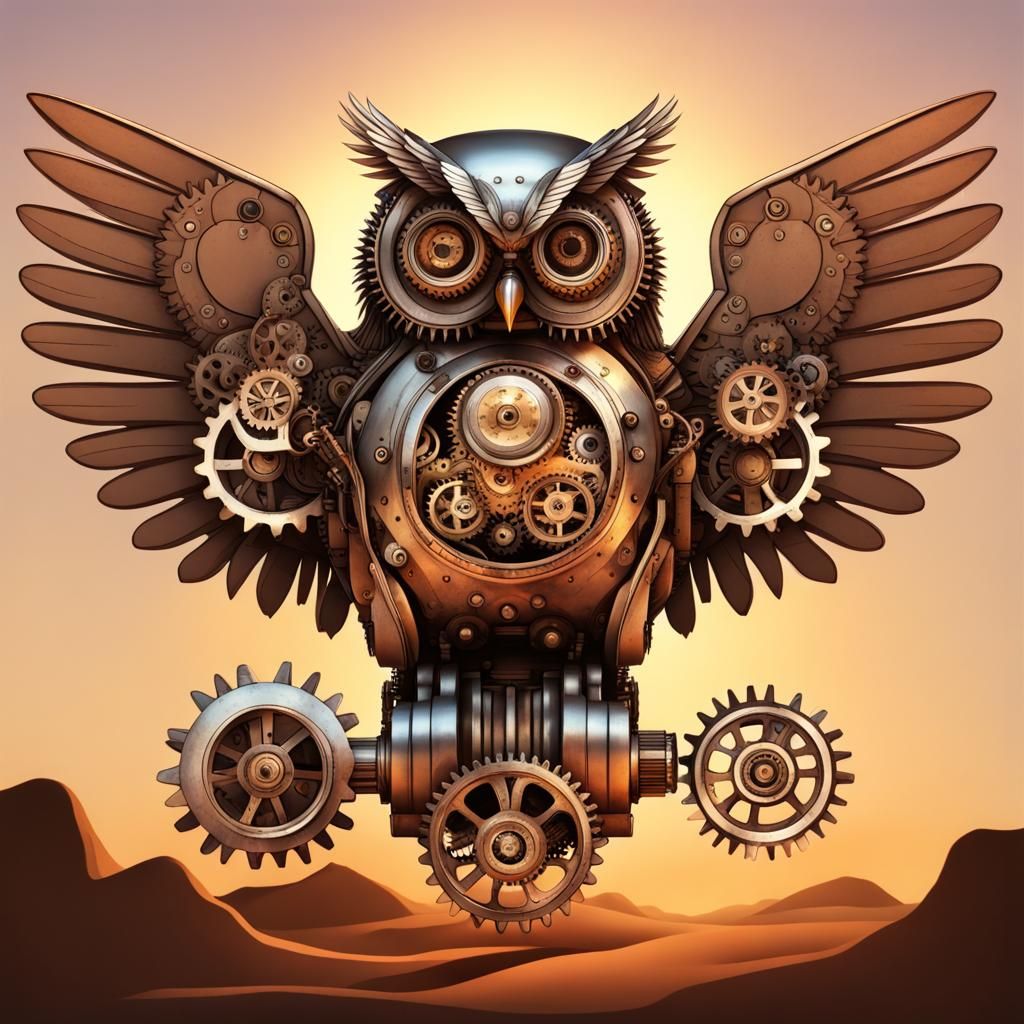 Mechanical Owl with Gears at Desert Sunset