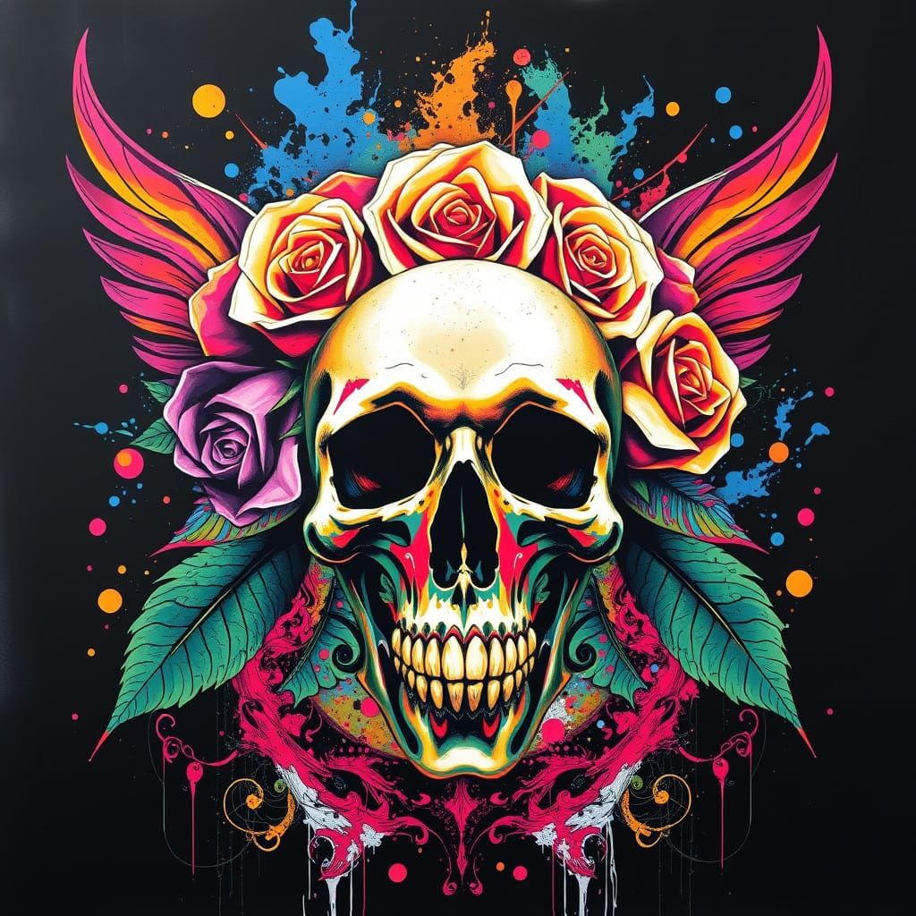 Vibrant Skull Blooms with Roses in Dynamic Graffiti Art