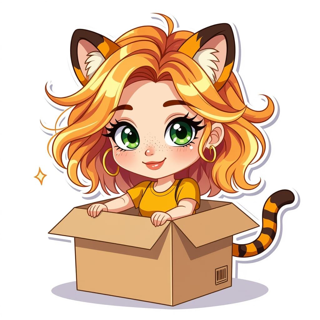 Chibi Tiger Girl Sticker in Cardboard Box