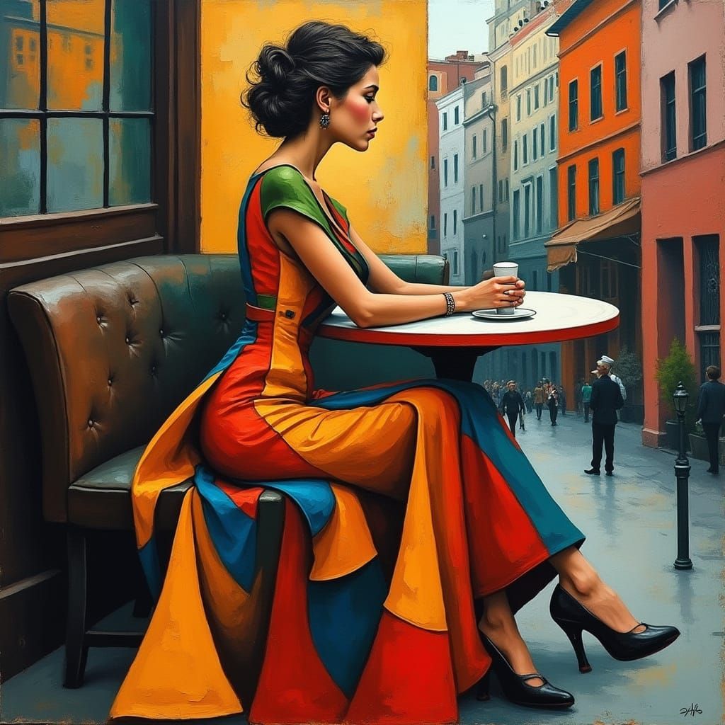 Woman in Cubist Style at City Cafe
