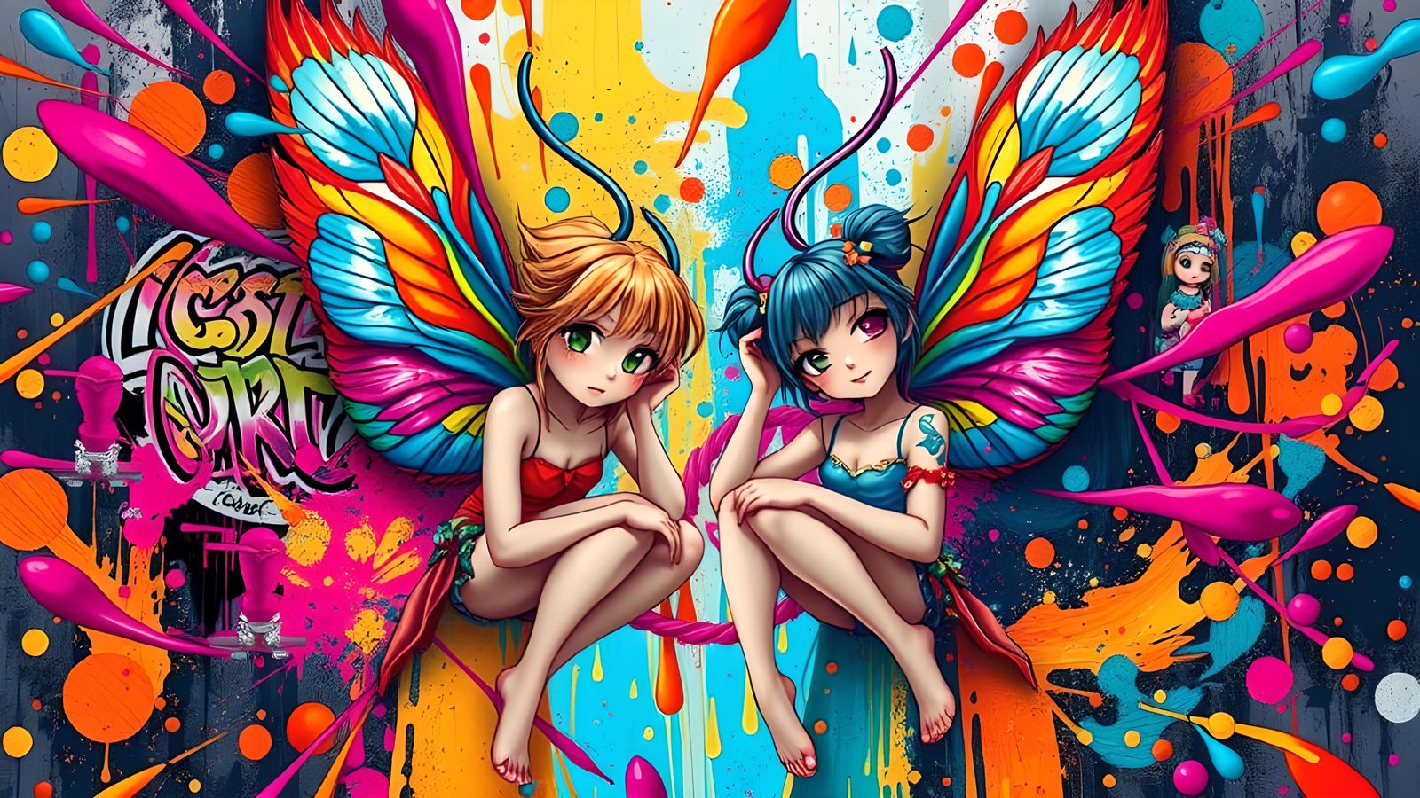 Anime Fairies Portrait with Graffiti Wings in Pop Art