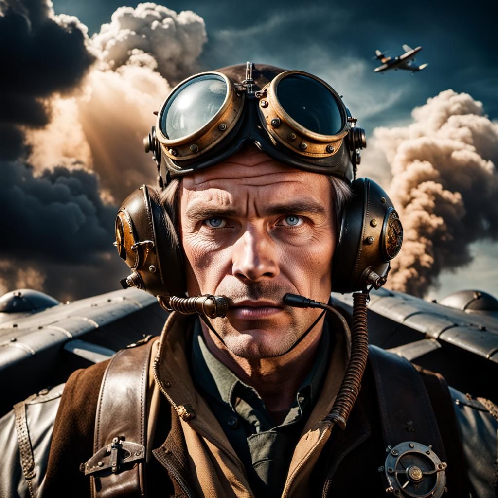 Steampunk Fighter Pilot in World War 2 Aerial Scene