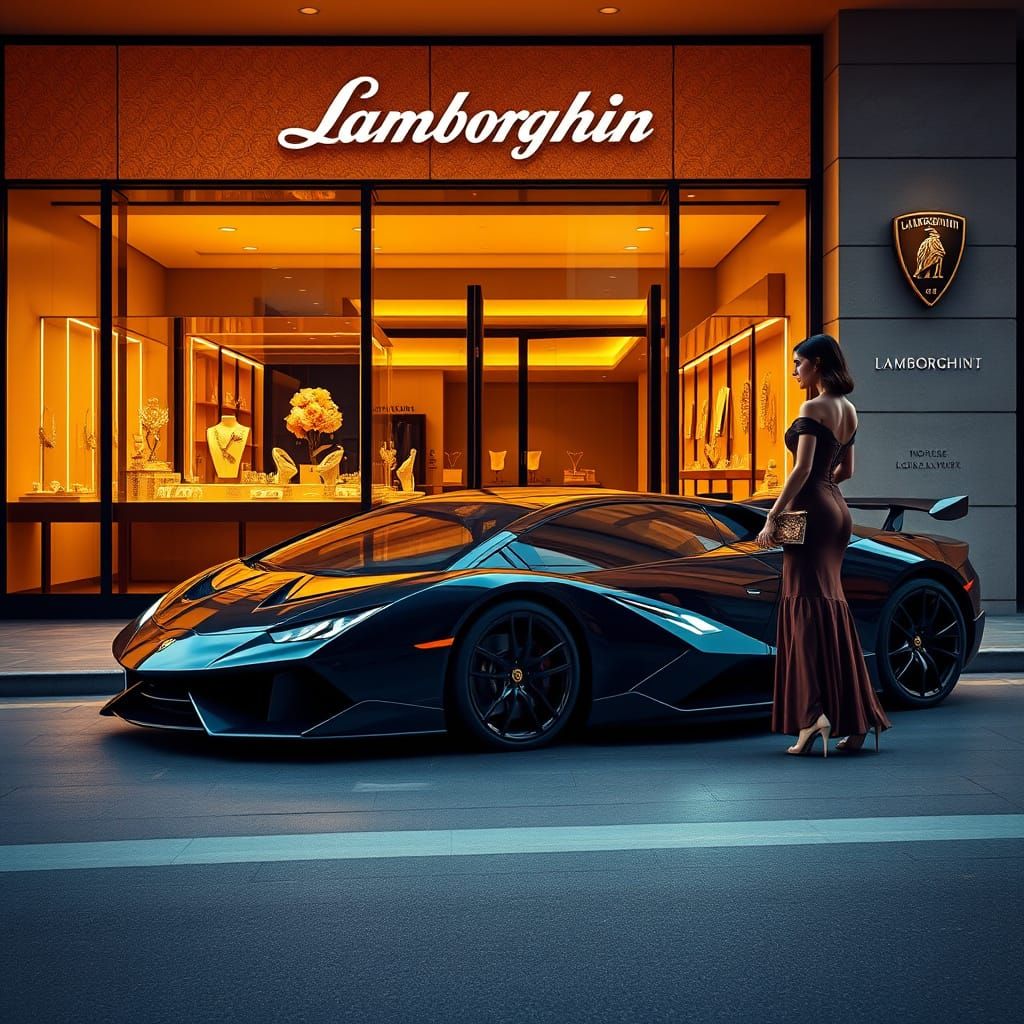 Luxury Evening Scene with Lamborghini and Elegant Woman