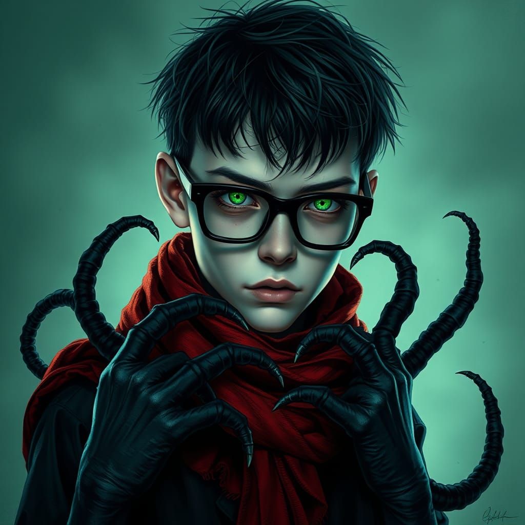 Eerie Gothic Teenage Boy with Tentacles, Digital Art