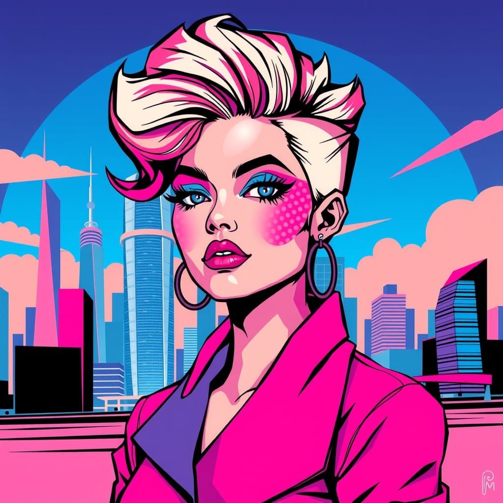Vibrant Pop Art Woman in Ultra-Flat Cityscape