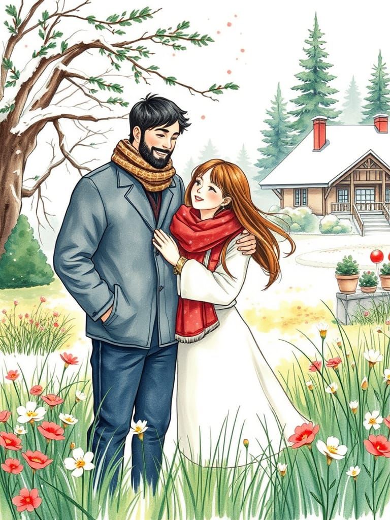 Romantic Winter Scene in Sumi-E Style