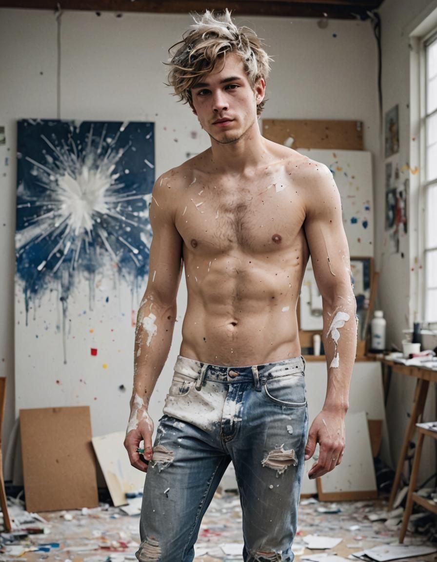 Shirtless Artist in Bright Studio