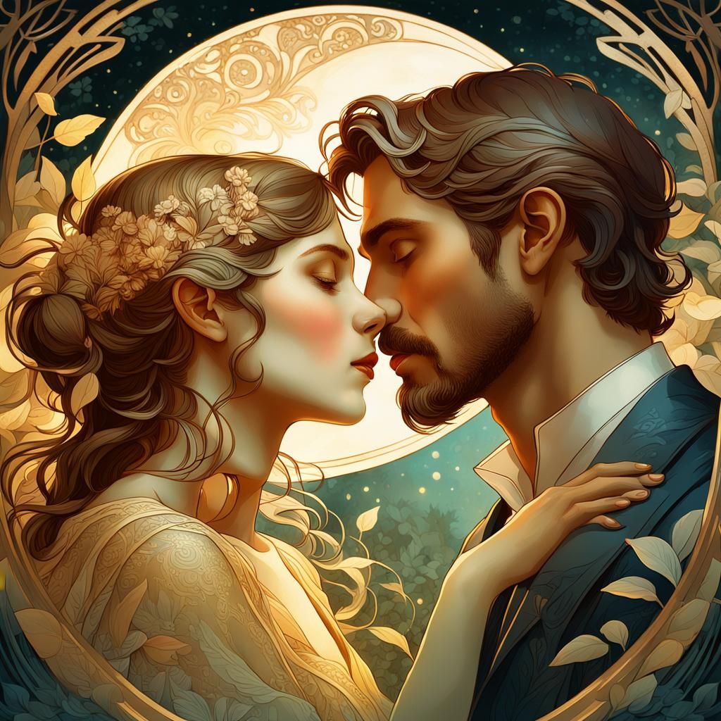 Moonlit Kiss: Romantic Portrait in Art Nouveau Style