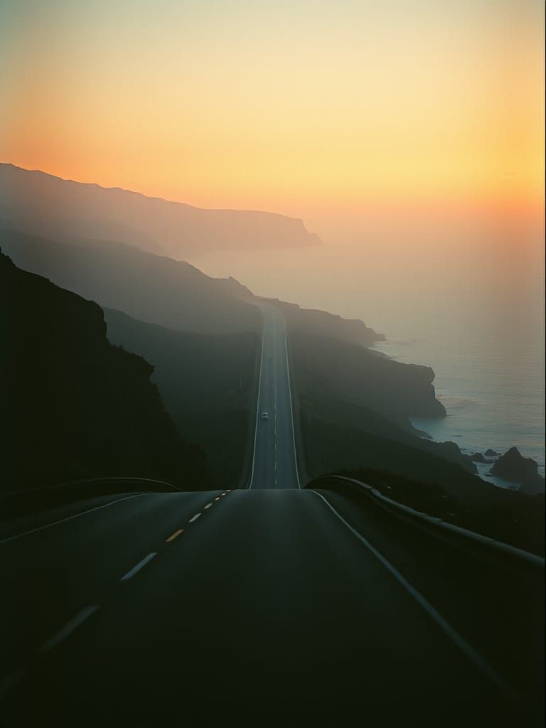 Gritty Coastal Highway Sunset in Film Style