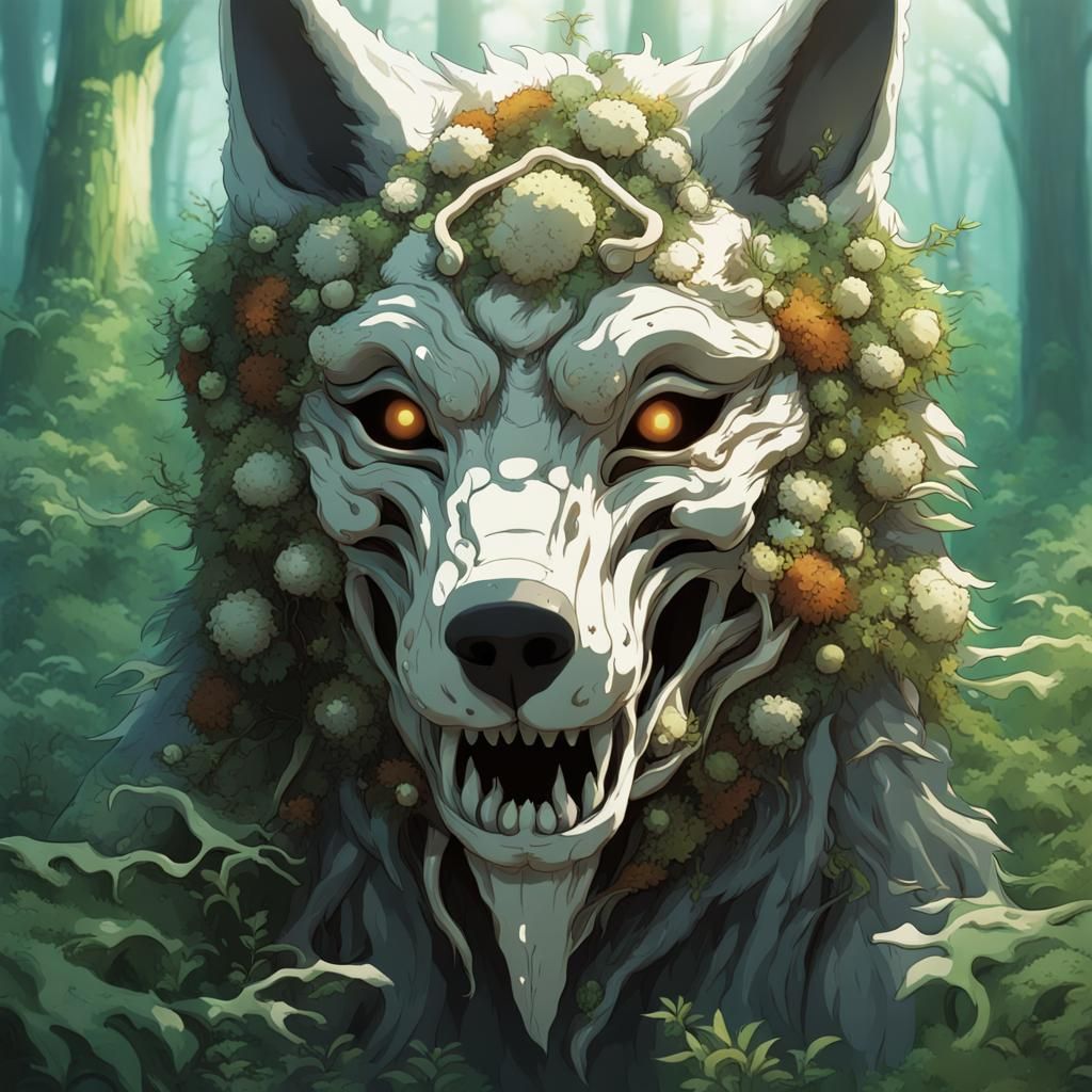 Wolf Mask with Bones and Fungus in Anime Style