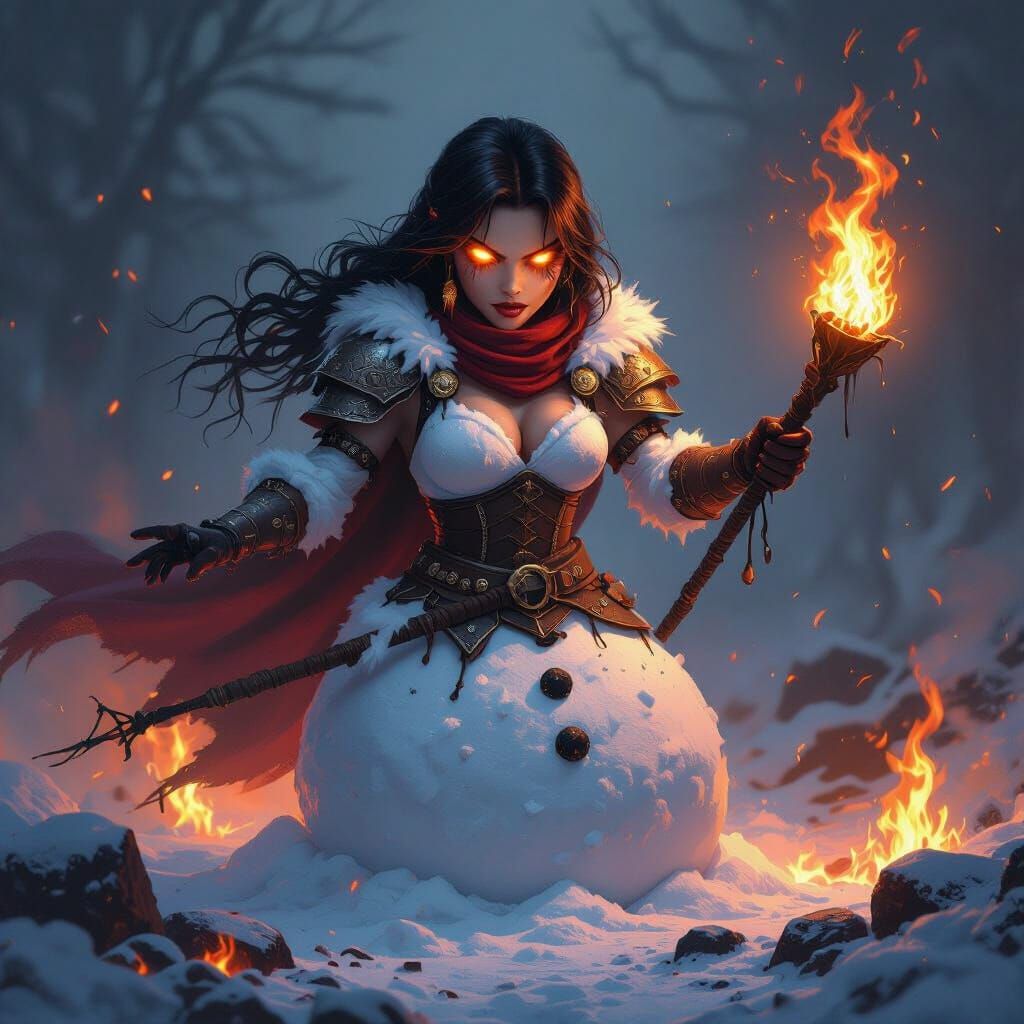 Fierce Female Snowman Warrior With Fiery Torch