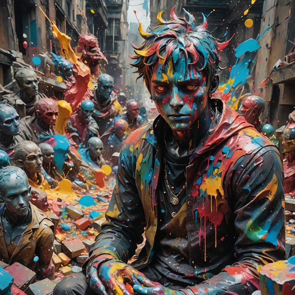 Anime Character Amidst Colorful Paint Splatter: Concept Art