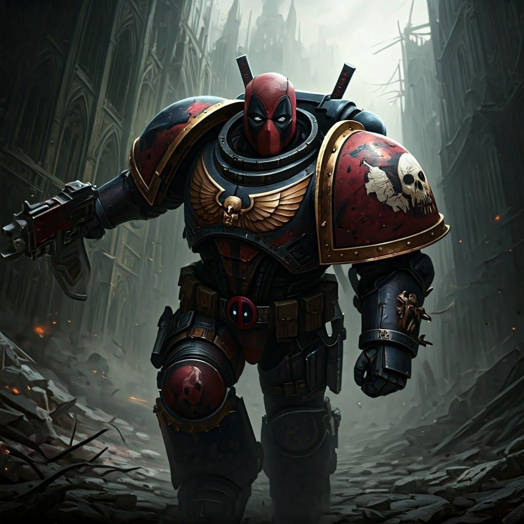 Deadpool Space Marine Charges Through Gothic Ruins