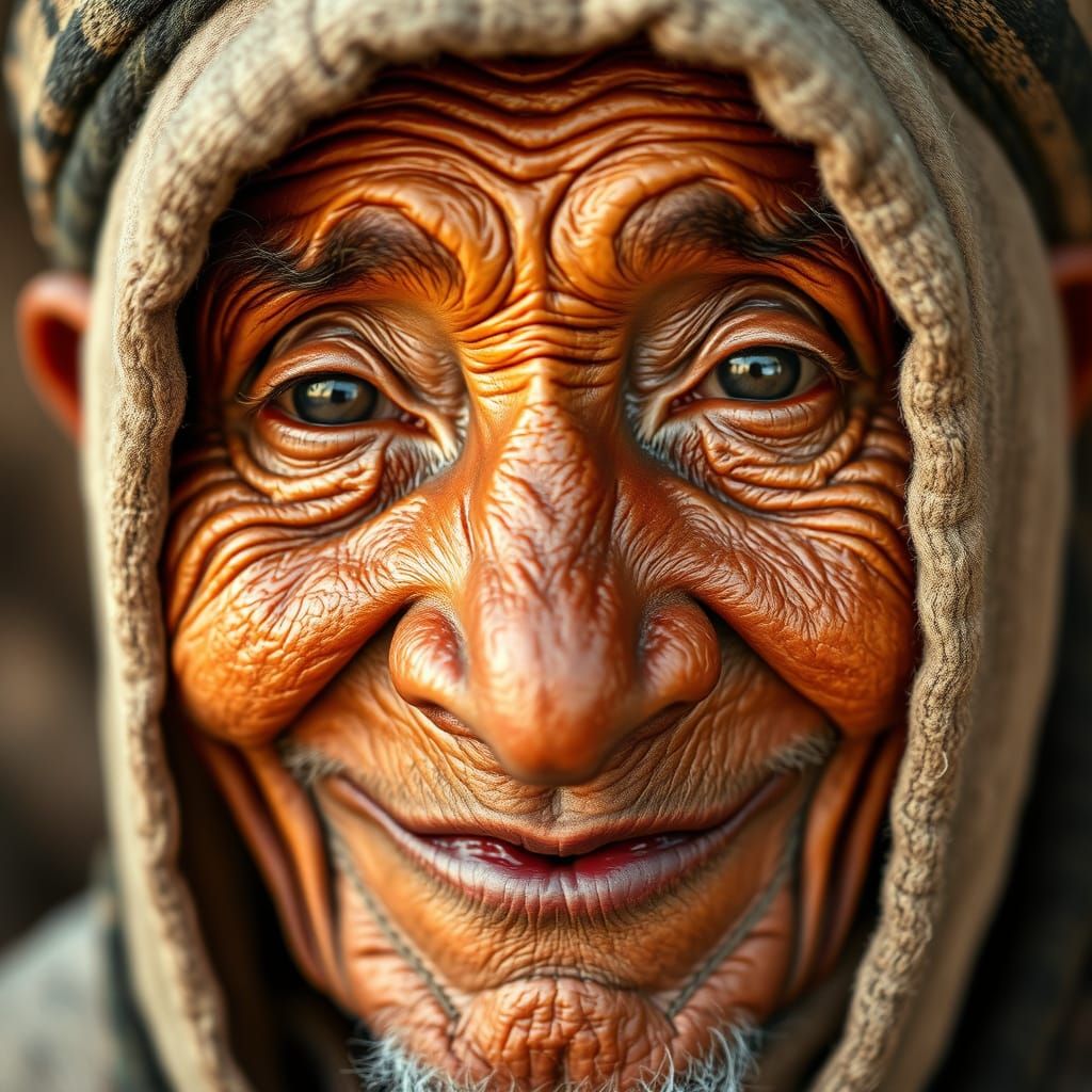 Wrinkled Indigenous Elder Smiles Shyly in Rembrandt Style