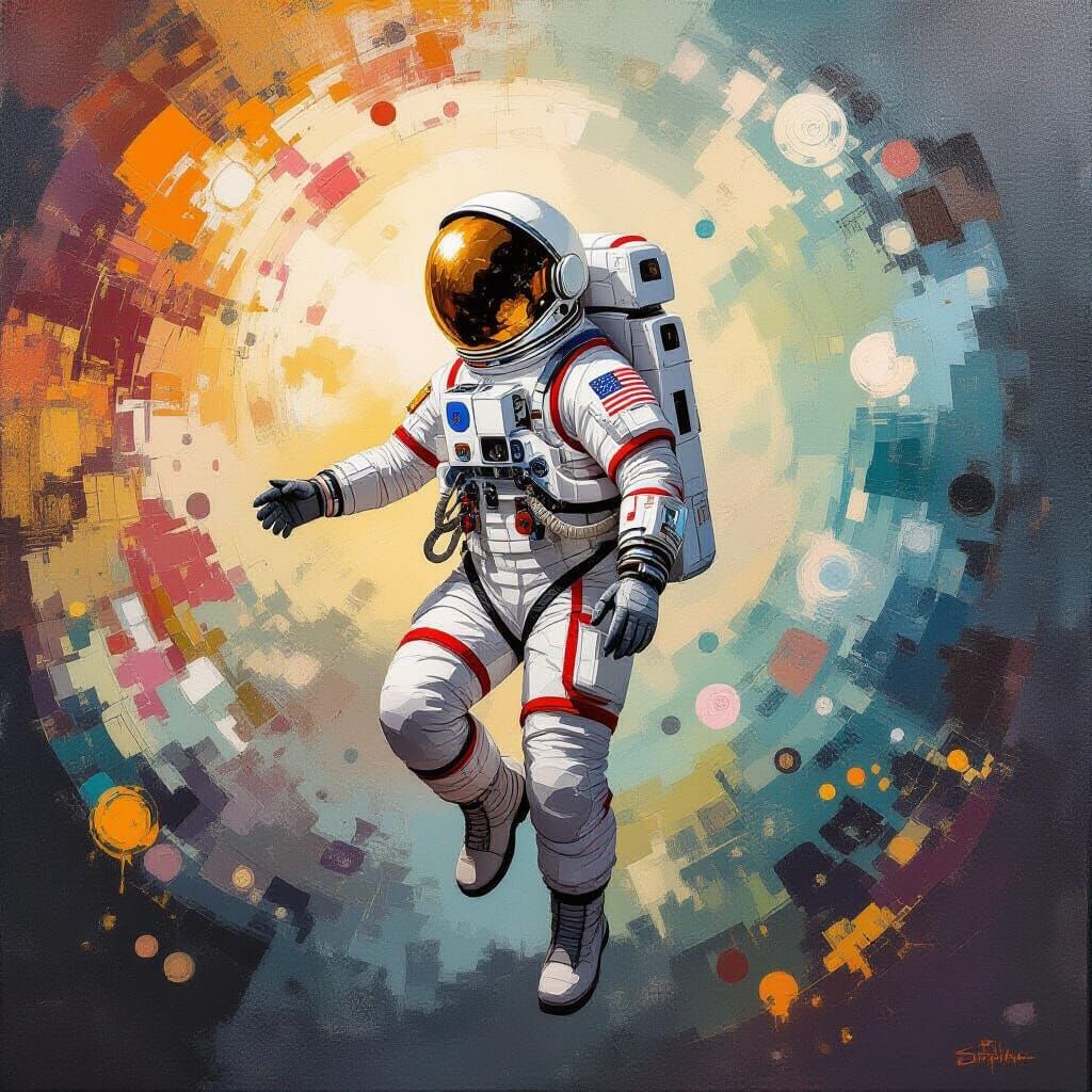 Whimsical Astronaut in Textured Atmosphere, Expressive Art