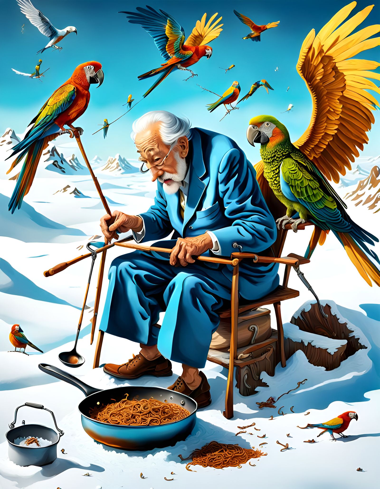 Surreal Old Man in Frying Pan with Parrot