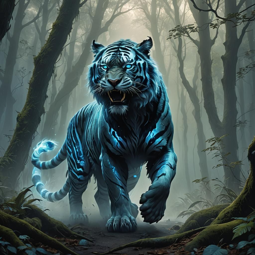 Spectral Tiger in Misty Forest: Fantasy Concept Art