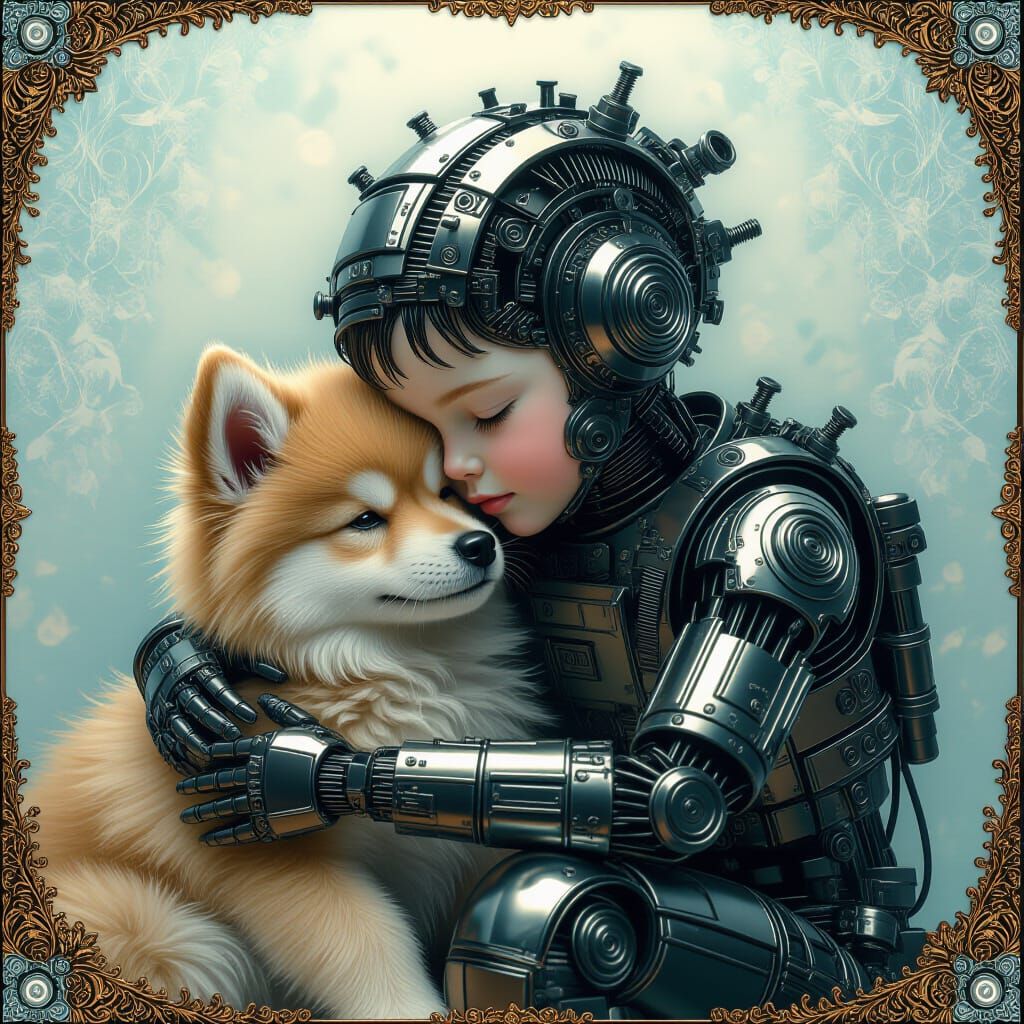 Metal Boy Cuddles Dog: Fantasycore 8K Art