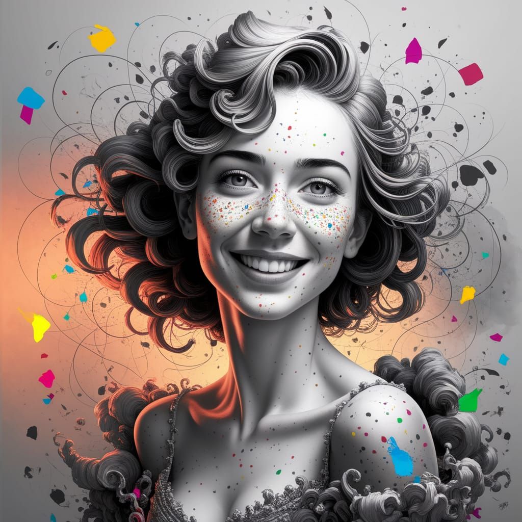 Surrealistic Ink Art of a Smiling Woman with Vibrant Freckle...