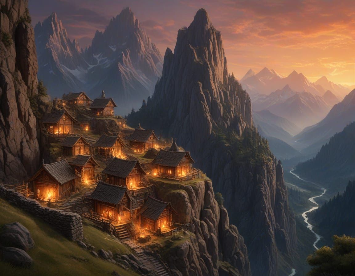Dwarven Mountain Fortress at Sunset