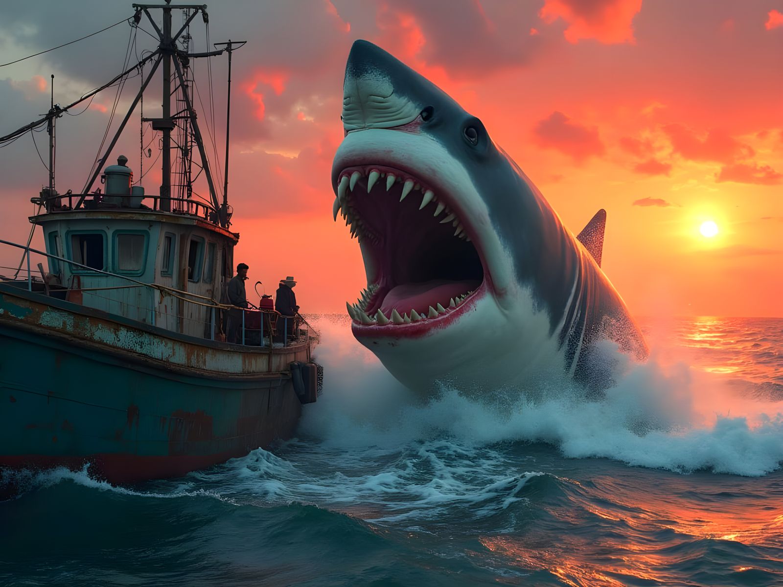 Great White Shark Leaps Near Fishing Boat at Sunset
