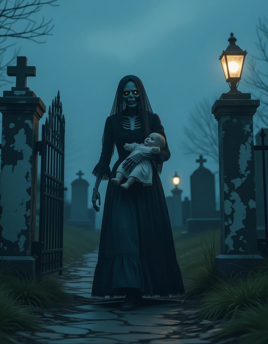 Zombie Woman Exiting Cemetery in Photorealistic Style