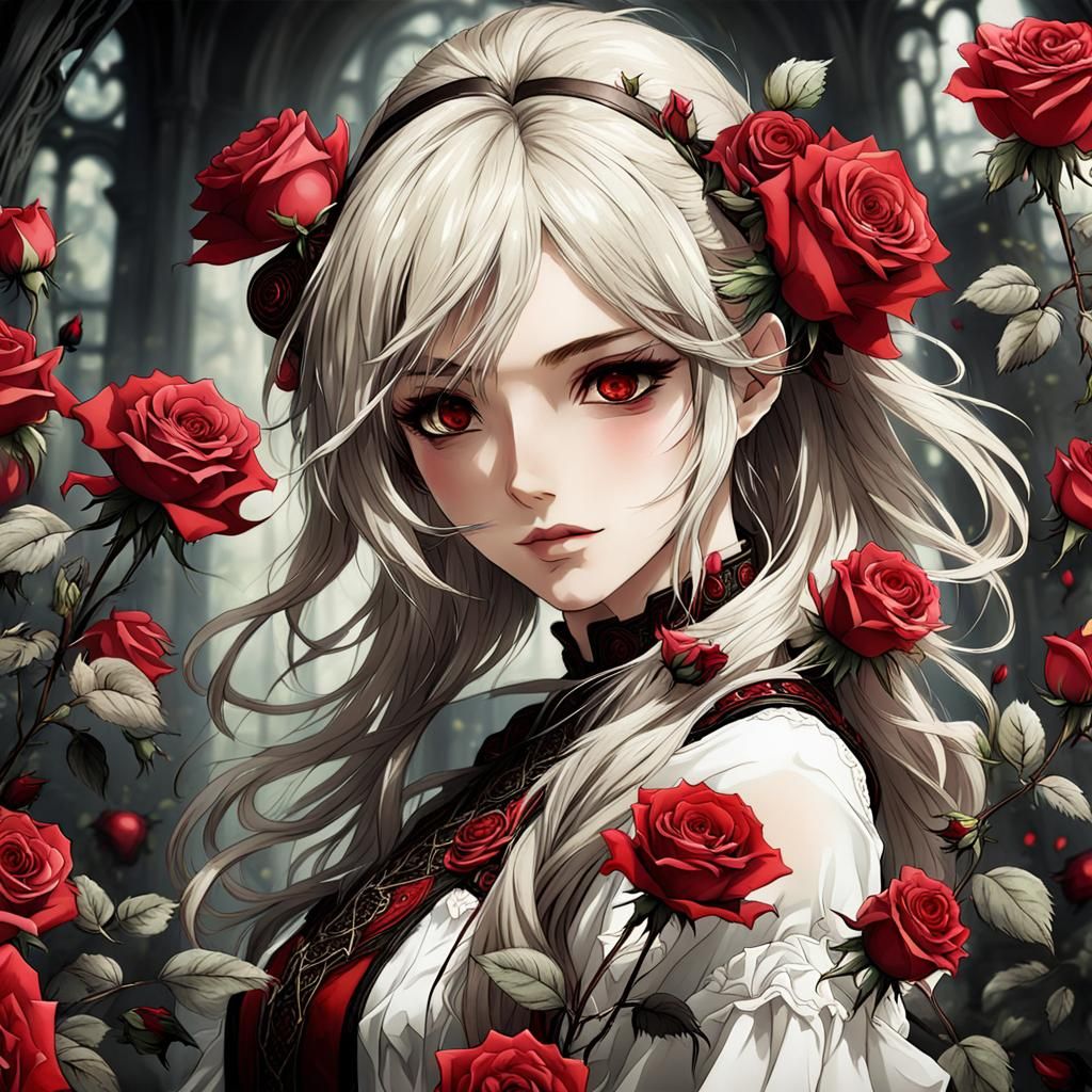 Anime Girl Surrounded by Roses in Rackham Style