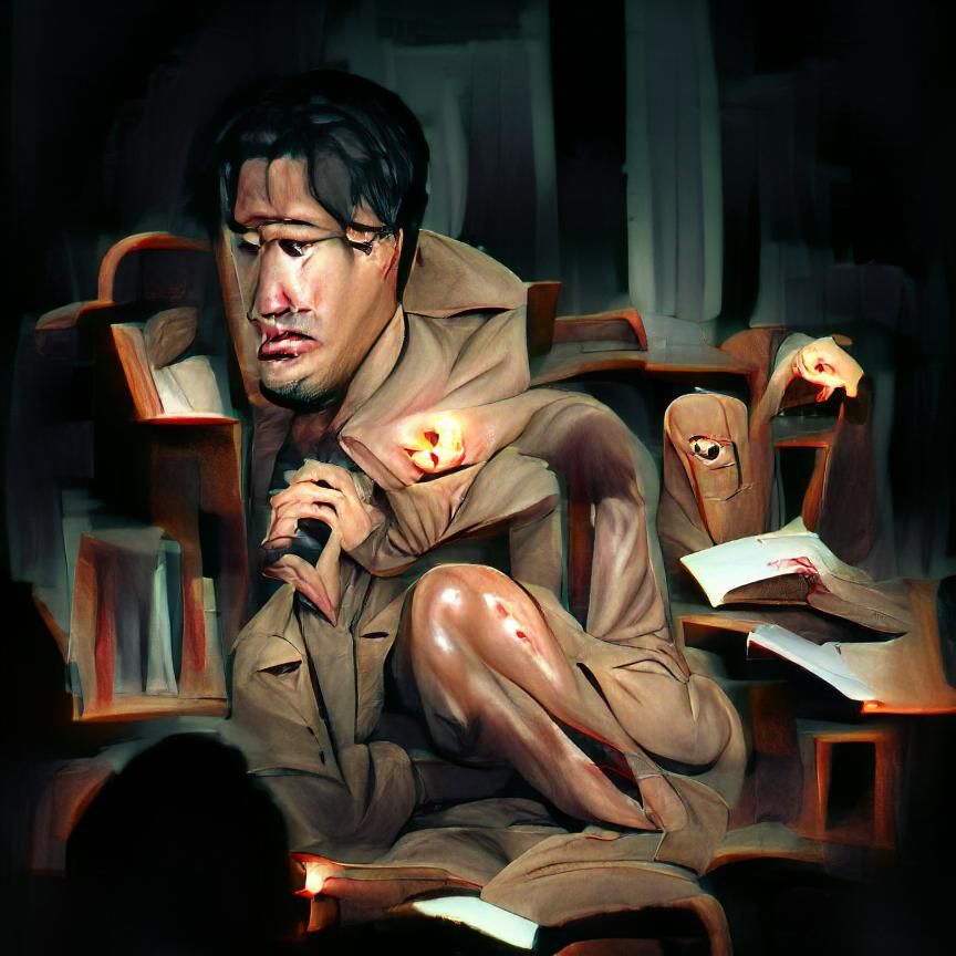 Bandaged Man Cries Blood in Library: Horror Art
