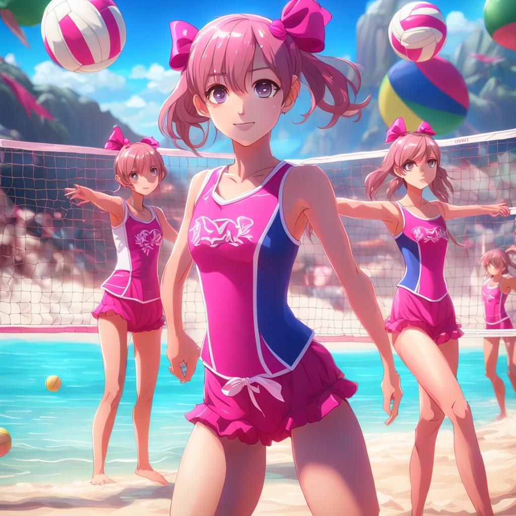 Anime Girls Play Beach Volleyball in Pink