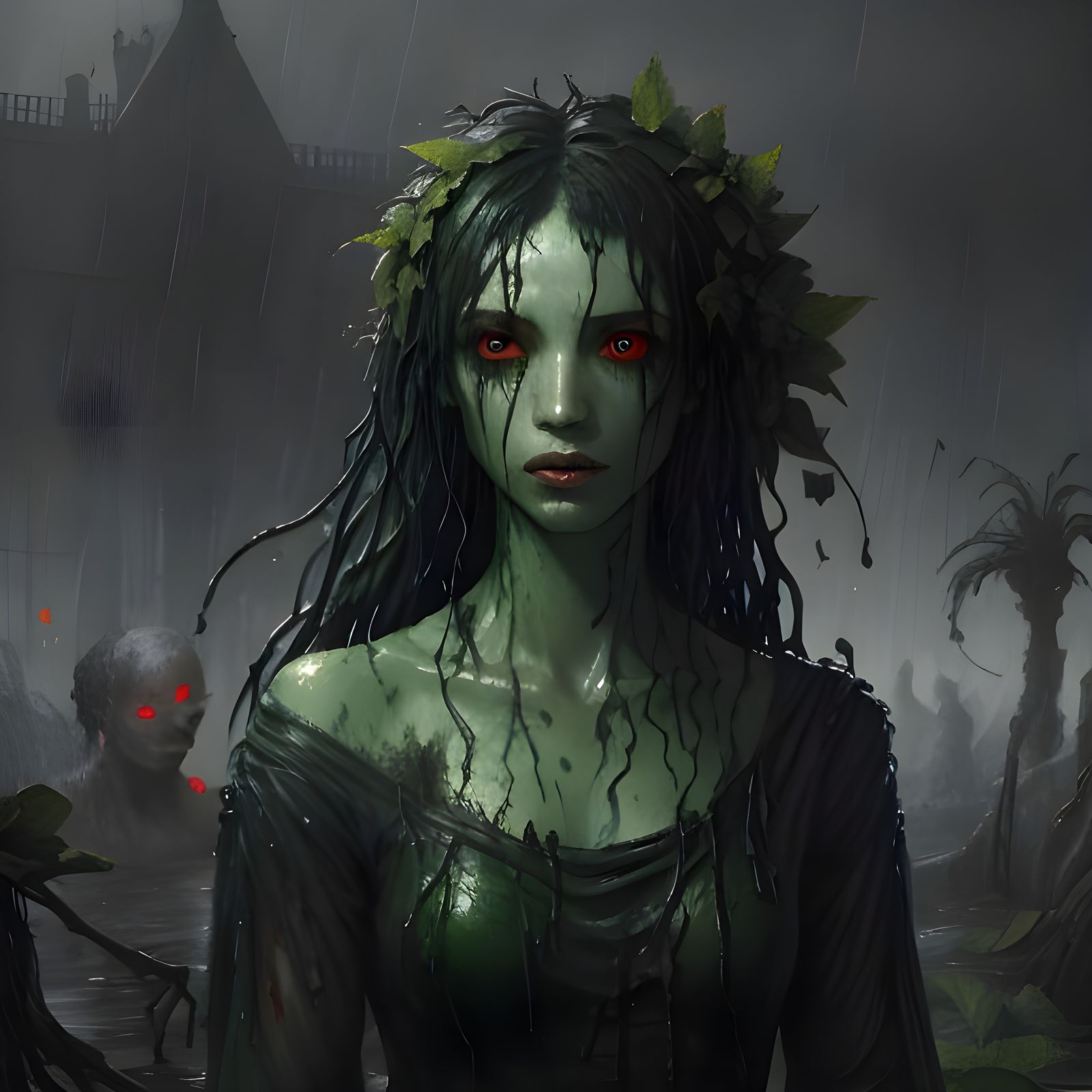 Plant Goddess in Rainy Horror Scene
