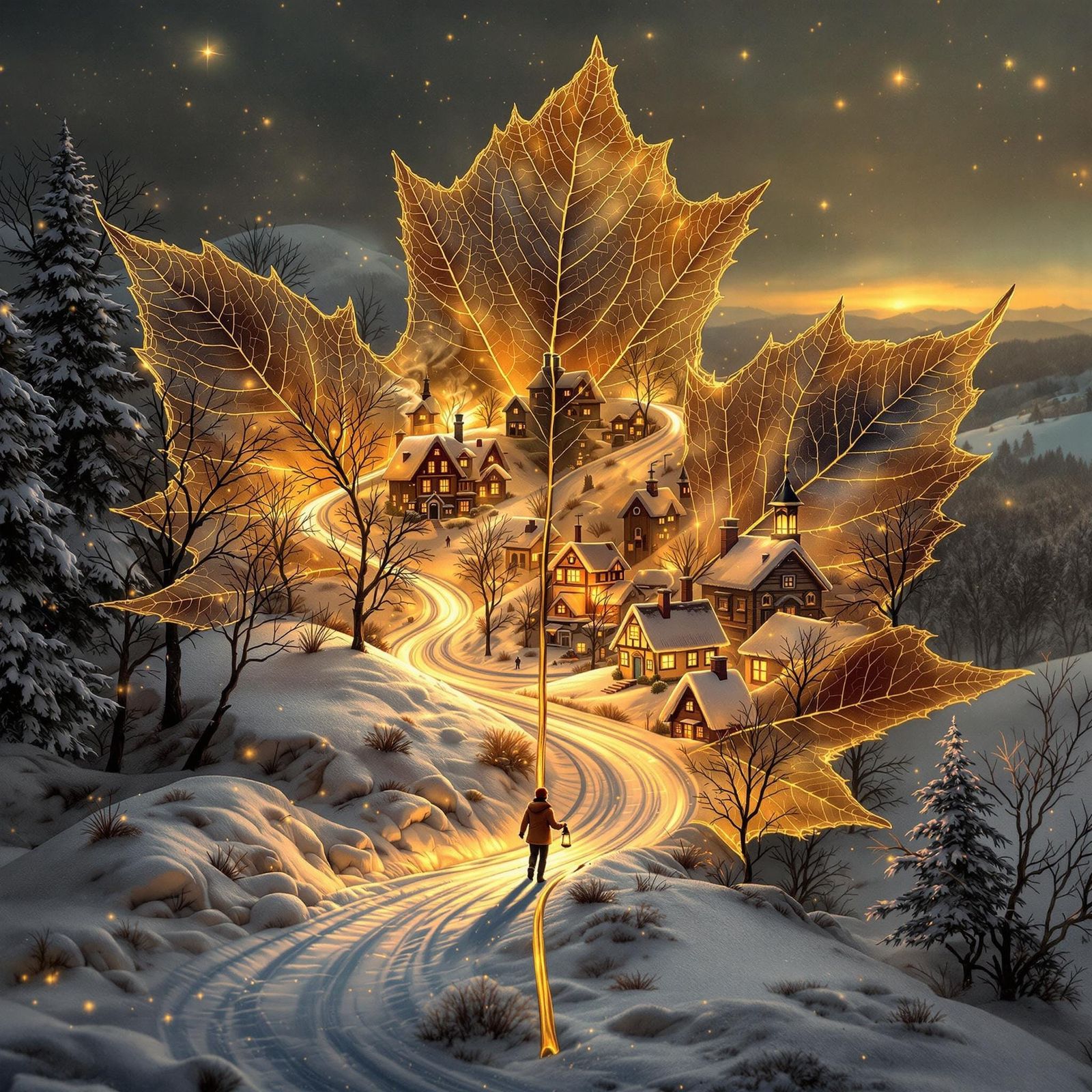 Golden Winter Scene on Delicate Maple Leaf Canvas