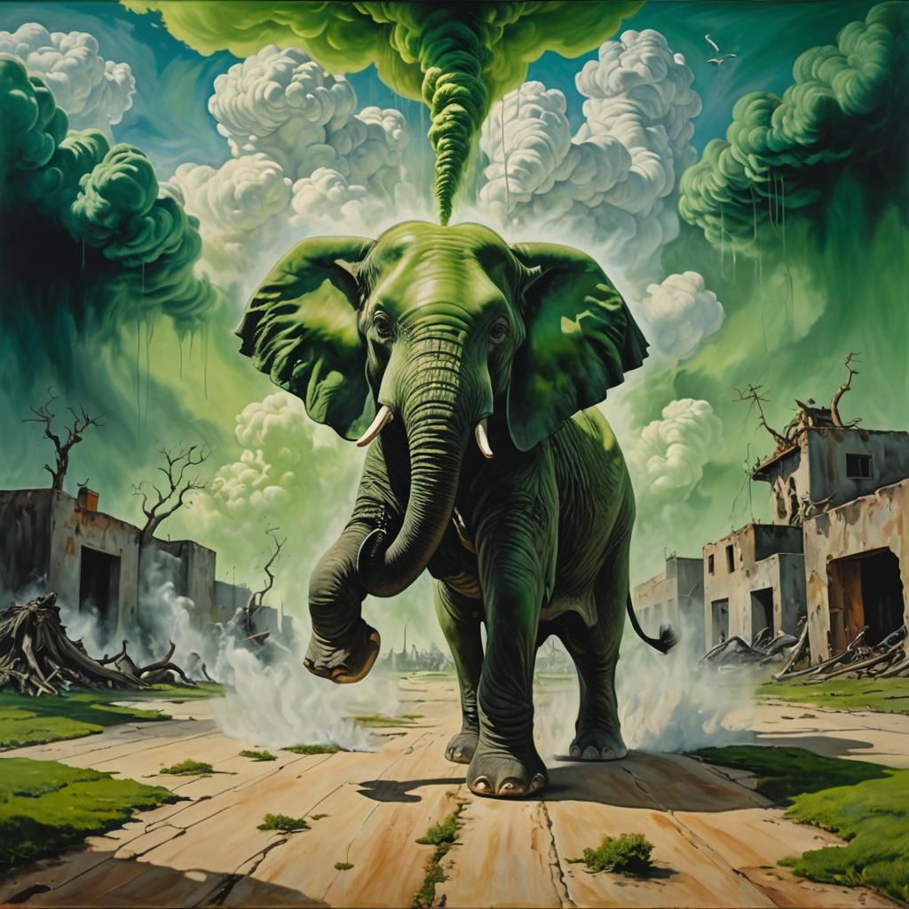 Surreal Elephant Unleashes Toxic Cloud, Oil Painting