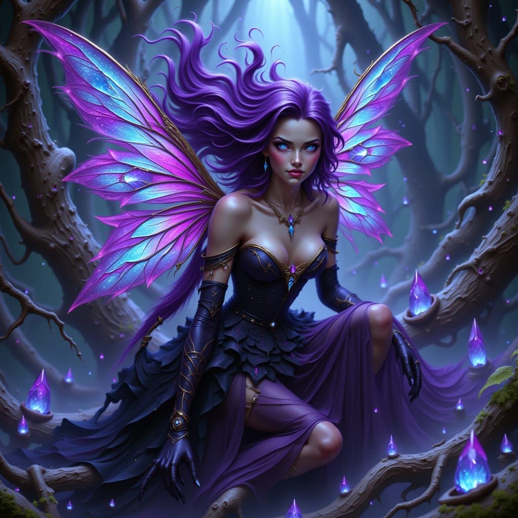 Gothic Fairy on Bioluminescent Throne, Art Nouveau Style