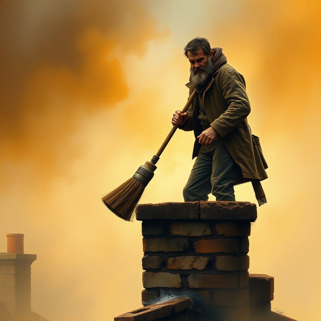 Rugged 19th-Century Chimney Sweep on Foggy Rooftop in Impast...