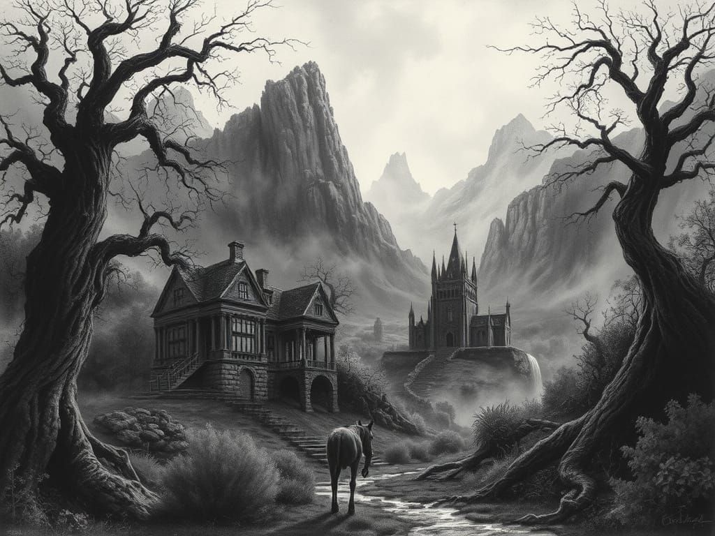 Dark Gothic Oz Landscape with Twisted Trees and Ruins