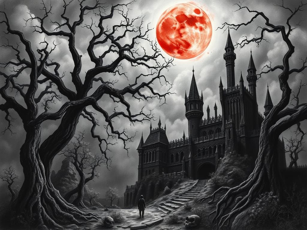 Twisted Gothic Horror Realm under Blood-Red Moon
