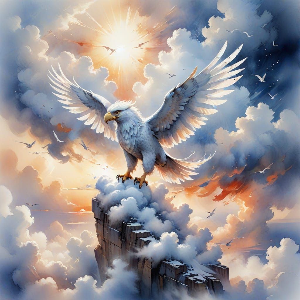 Griffin Soaring Above Clouds in Watercolour Style