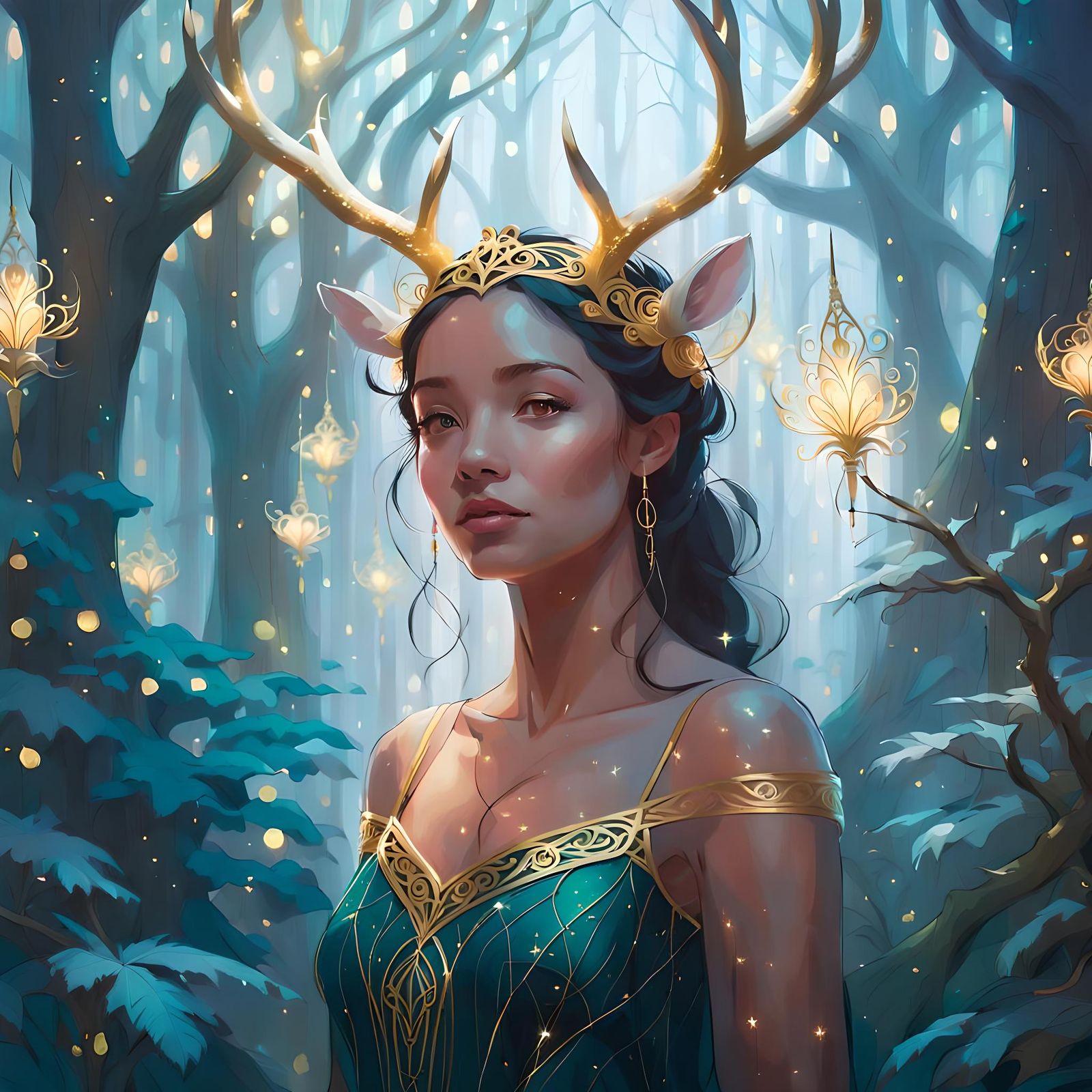 Enchanted Forest Portrait with Golden Antlers
