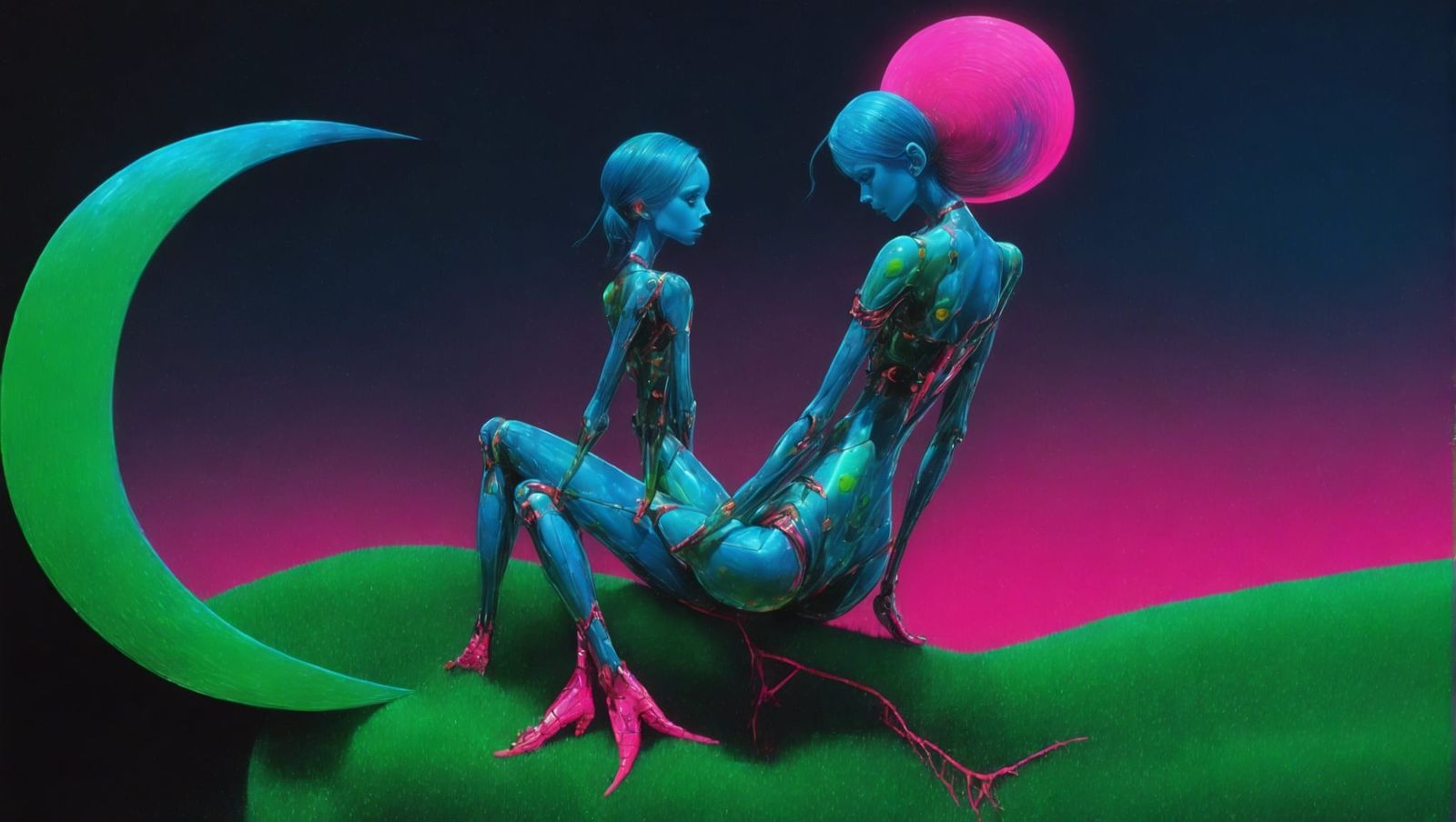 Blue Cyborg Girl on Green Moon, Detailed Digital Art